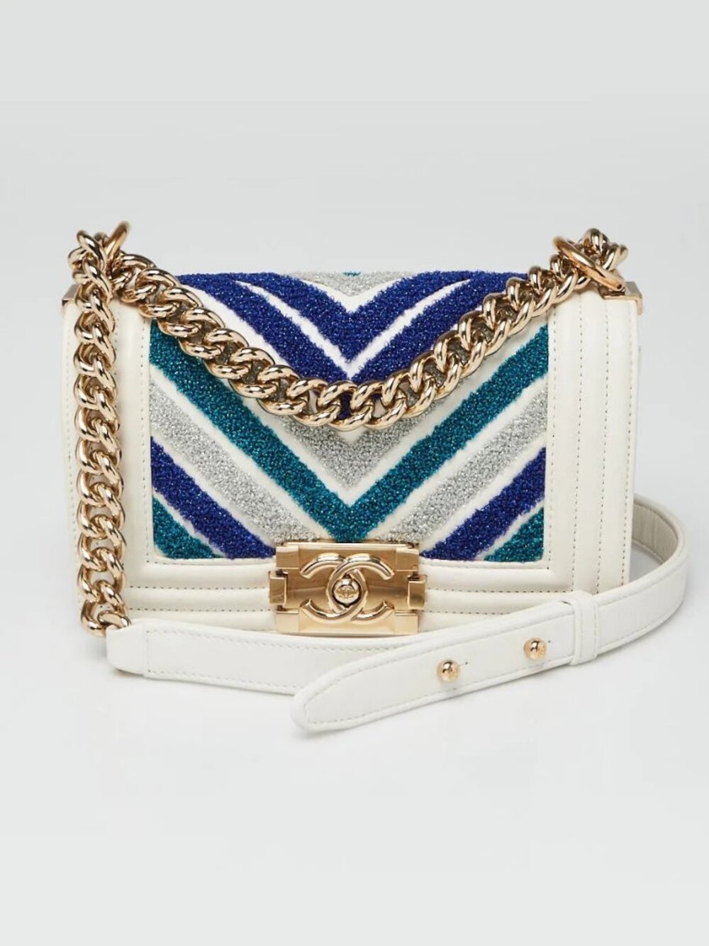 Chanel White Leather and Multicolor Lurex Chevron Small Boy Bag - Picture 2 of 11